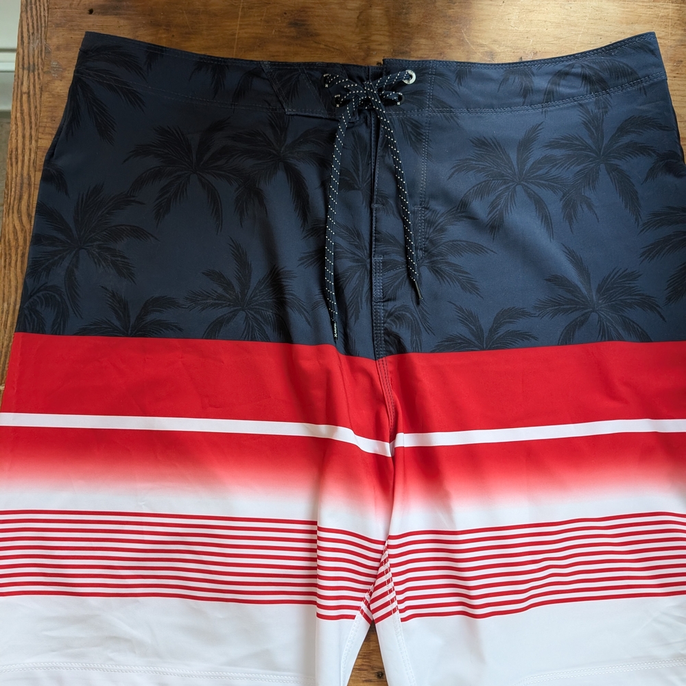 Red and Black Board Shorts with Gradient Stripes